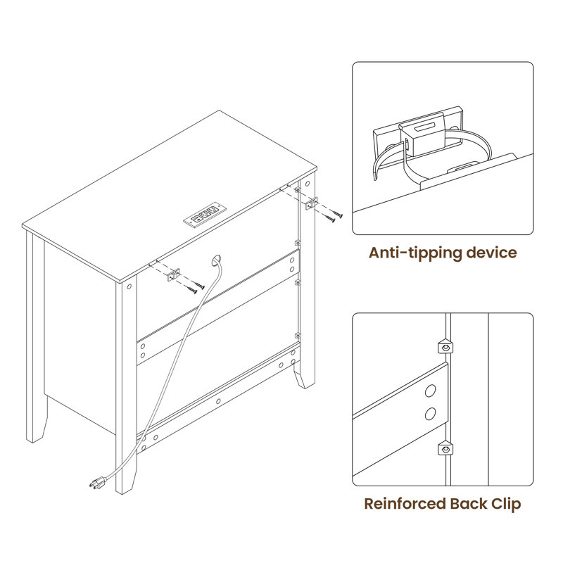 31.7'' W Fluted Nightstand with Charging Station, Black