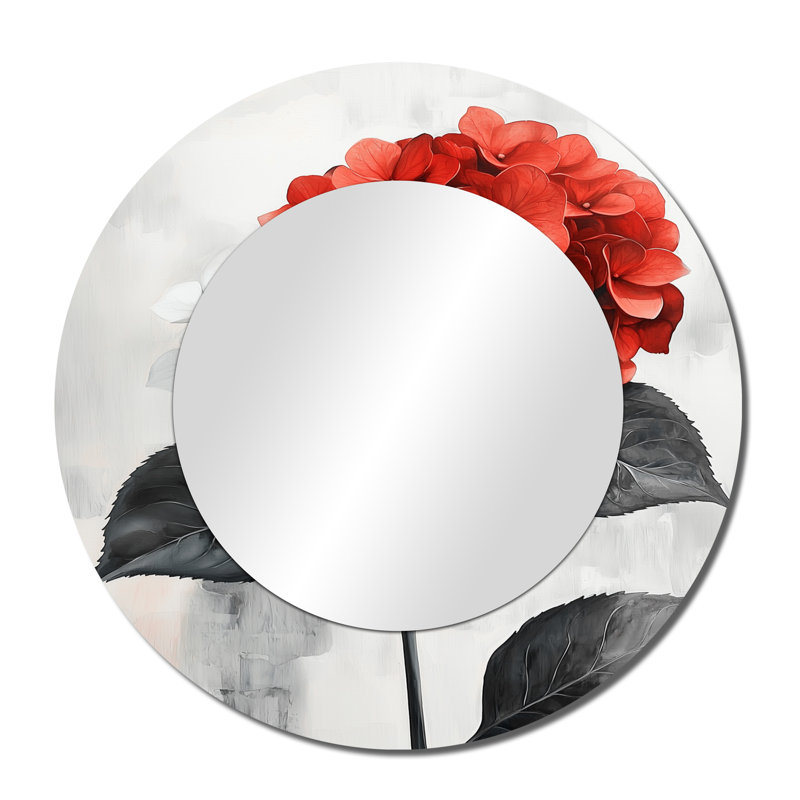 Monochrome Hydrangeas With Red Petal Accent I - Traditional Decorative Mirror Wall Art, 36" x 36"