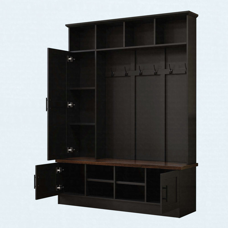 55" Farmhouse Hall Tree with Storage Bench, Adjustable Shelves & 6 Hooks, Black, Black/Dark Walnut