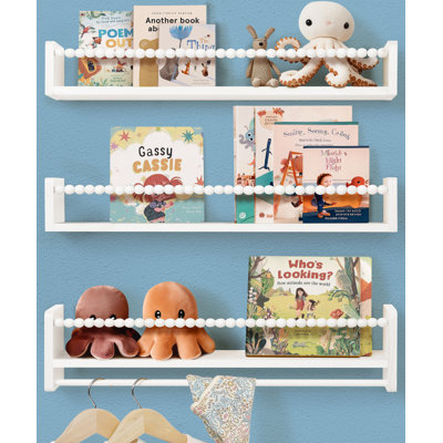 Natural Wood Nursery Floating Shelves Set of 3 with Towel Bar 23in Wall Mounted Organiser for Child's Room