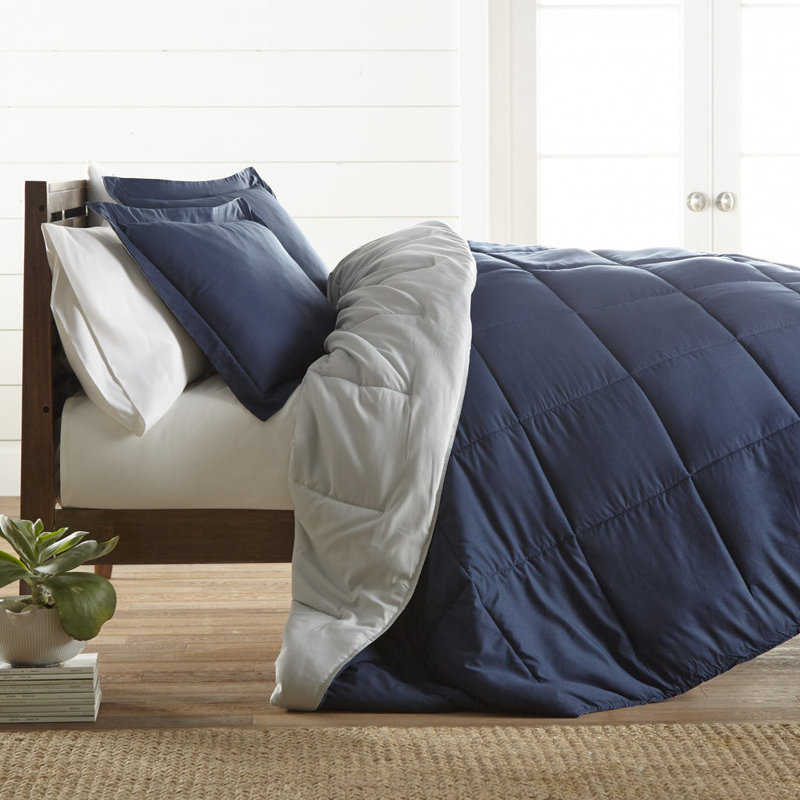 All Season Reversible Bamboo Comforter Down with Alternative Filling, Queen, Navy/Light Gray
