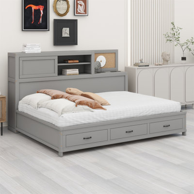 Lit de jour en bois avec 3 tiroirs de rangement, tableau souple supérieur, tablette et ensemble de prises et ports USB