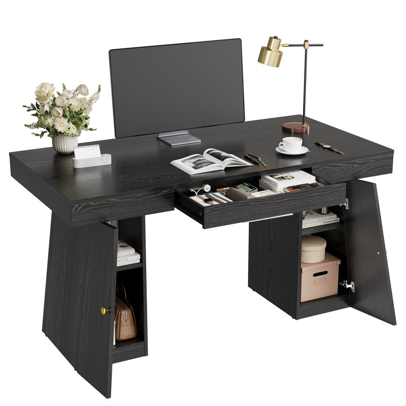Bureau d'ordinateur moderne de 55 po avec tiroirs et tablettes de rangement, grand bureau de jeu avec 2 armoires pour bureau personnel et bureau, noir