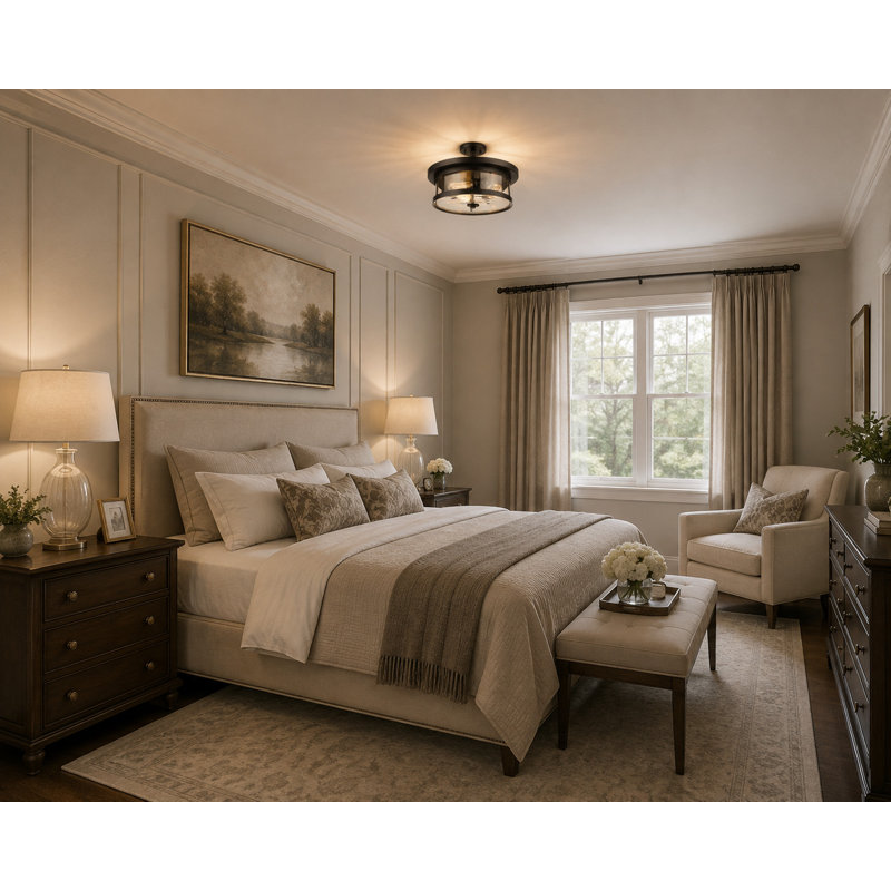 3-Light Flush Mount With Glass Shade, Black