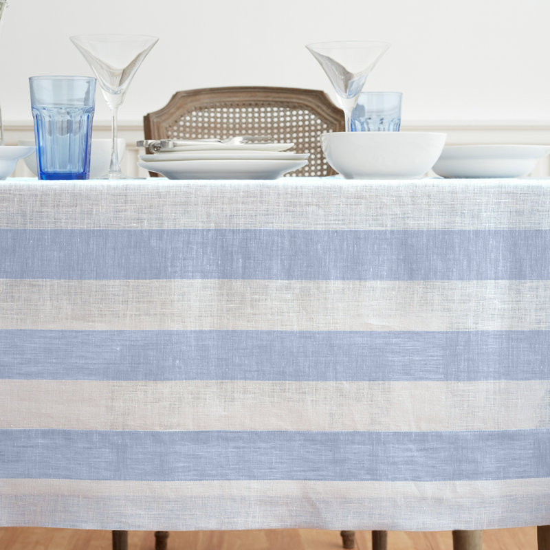 Cabana Stripe - 100% Pure Linen Tablecloth, Sky Blue/White, 156" x 60"