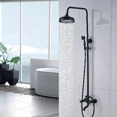 Matte Black Outdoor Shower Fixtures, Wall-Mounted Exposed Shower System with 8-Inch Rain Shower Head, Handheld Shower & Tub Spout, Dual Handle