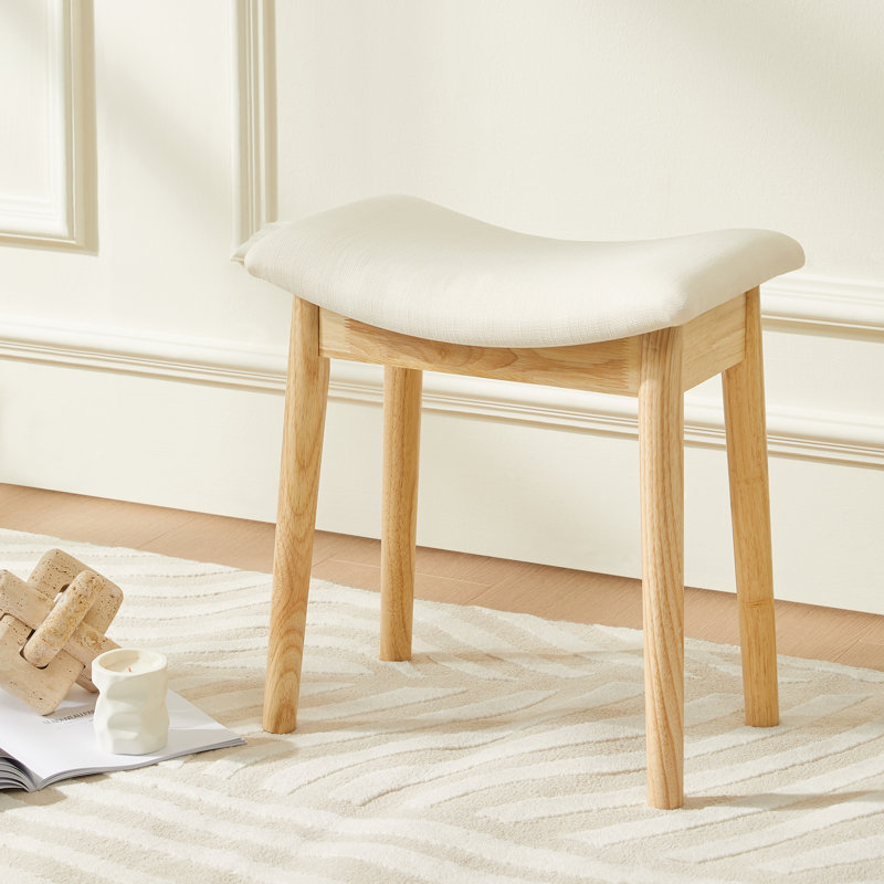 Tabouret d'appoint en bois massif avec revêtement en tissu Sowers, Bois de chêne, Blanc