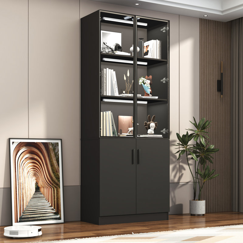 79"H 4-Door Glass Display Cabinet With Sensor Light For Home Or Office, Black