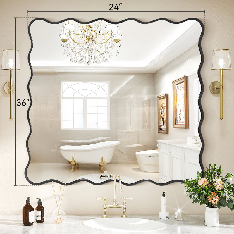 Luxury Rectangular Wavy Metal Framed Mirror, Black, 36" x 36"