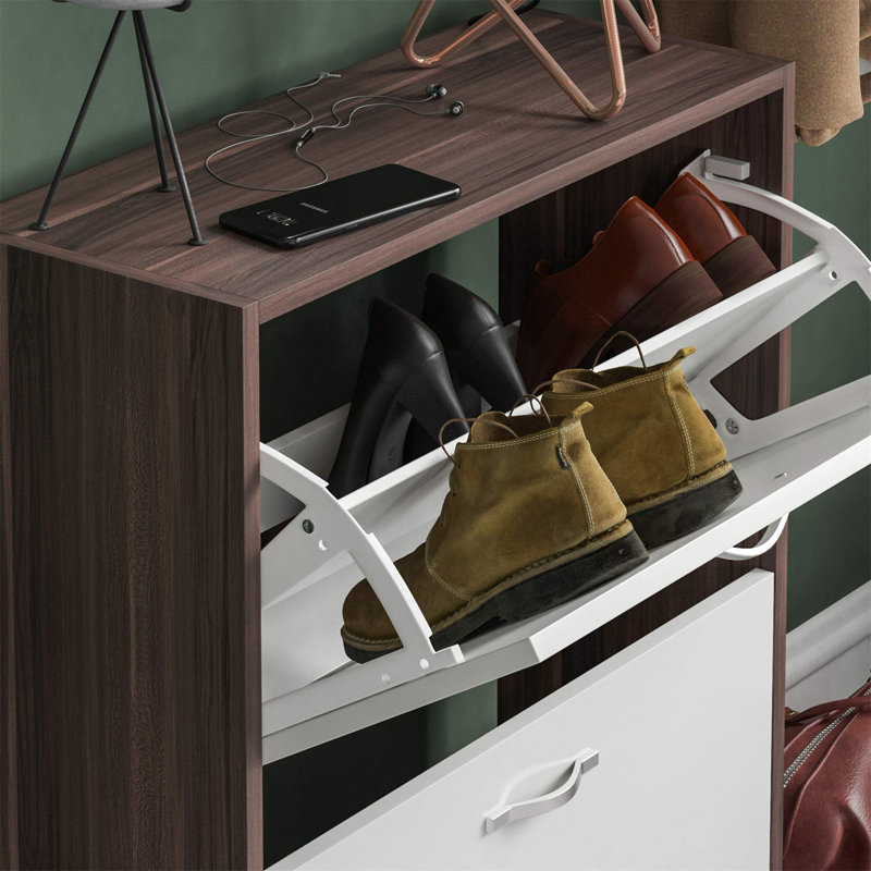 Drawer Flip Down Shoe Storage Free Standing Cabinet For Hallway, 80" H x 60" W x 24" D, Walnut/White