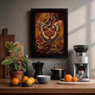 Golden Butterfly Flourish Vintage - Framed Print