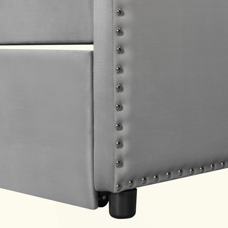 Velvet Upholstered Daybed With Pop Up Trundle, Gray