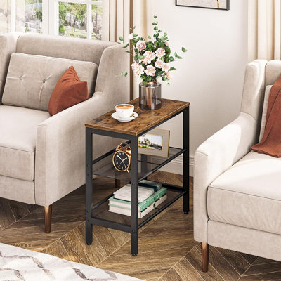 Table de bout étroite à 3 niveaux avec tablettes réglables, table de chevet brun rustique et noire pour le salon, la chambre à coucher, le couloir et les petits espaces