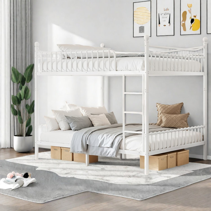 Lits superposés Queen gain de place, métal blanc, style ferme moderne, Blanc