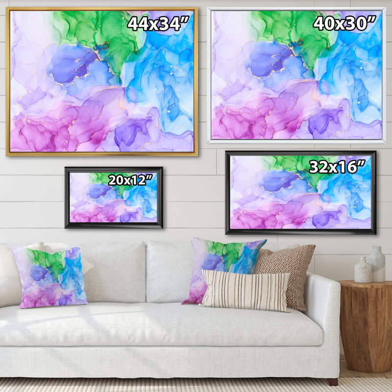 Multicolore luxueux, art fluide abstrait, reproduction sur toile, H 16 po x l 32 po, Cadre flottant doré