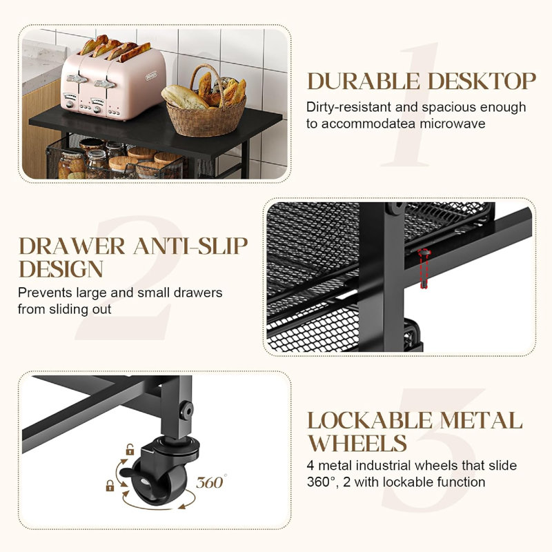 Rolling Kitchen Microwave Cart With Spacious Drawers For Small Kitchen Organization (Effortless Style & Smart Storage)