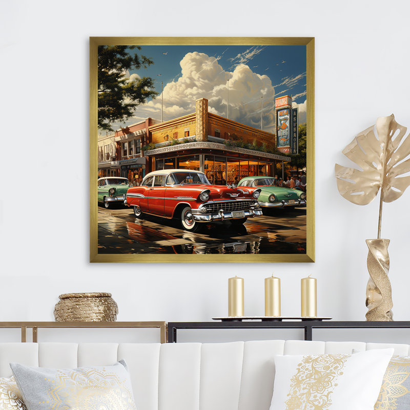 Red Mid Century Retro Reverie - Transportation Canvas Wall Art, Encadrement doré, H 16 po x l 16 po x P 1 po