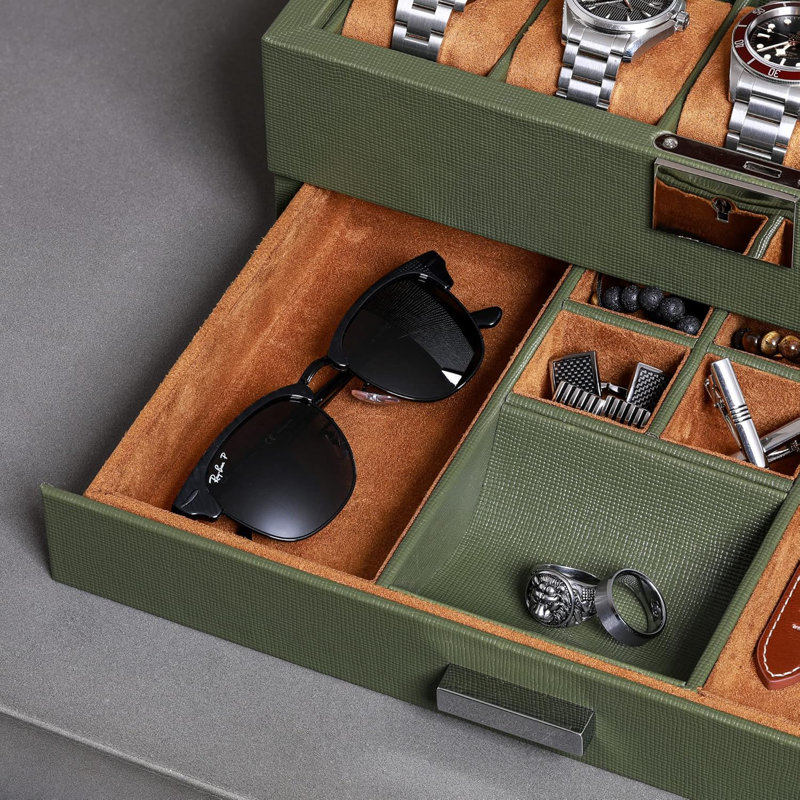 10-Slot Watch Box in Leather with Valet Drawer, Luxury Watch Case Display Organizer with Ultra Soft Microsuede Liner