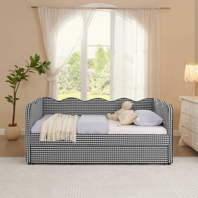 Linen Daybed with Trundle Wave Shaped Sofa Bed with USB Port No Box Spring Needed