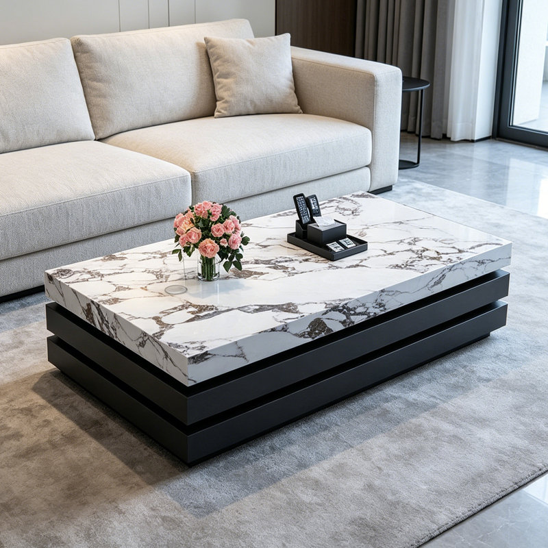 Table basse rectangulaire en ardoise, 14.17" H x 55.11" L x 27.55" W, Blanc/Noir