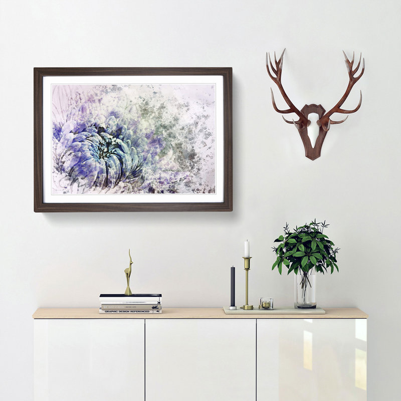 Lilac & Blue Chrysanthemum in Abstract - Picture Frame Painting Print, 36cm H x 48cm W x 2cm D, Walnut Framed