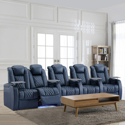 Gray Upholstered Power Reclining Home Theater Seating with Cup Holder