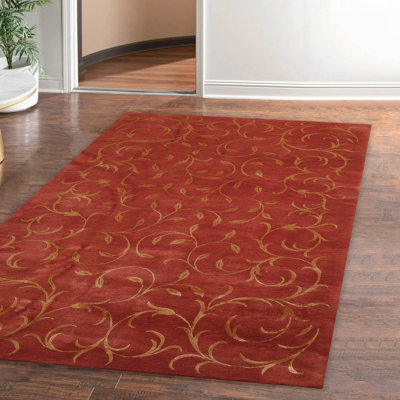 Tapis tibétain en soie noué à la main en soie framboise, doré