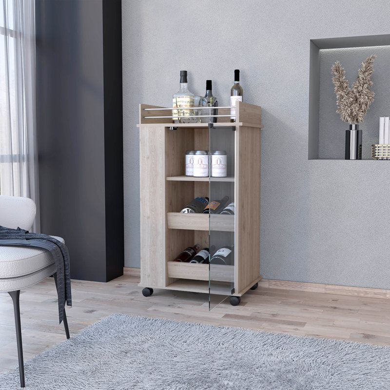 Chariot-bar en verre avec porte-bouteille et roulettes, Gris