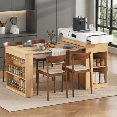 This Warm And Inviting Kitchen And Dining Set Features A Combination Of Natural Wood Tones And Creamy White, Including An Extendable Dining Table, A Folding Bar Counter, An Island With Power Outlets, And A Side Cabinet. It Is Practical, Aesthetically Ple