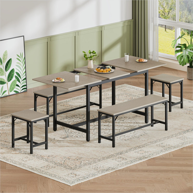 Ensemble de table de salle à manger pour 4 à 8, table de cuisine extensible de 63 pouces en gris doux, avec 2 bancs et 2 tabourets, plateau en bois moderne et structure en métal, conception peu encombrante