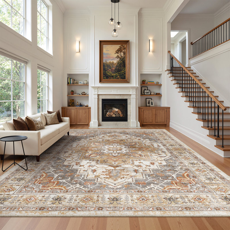Washable Rug - Stain Resistant Non-Slip Area Rugs for Living Room Bedroom, Orange/Gray, Rectangle 8' x 10'