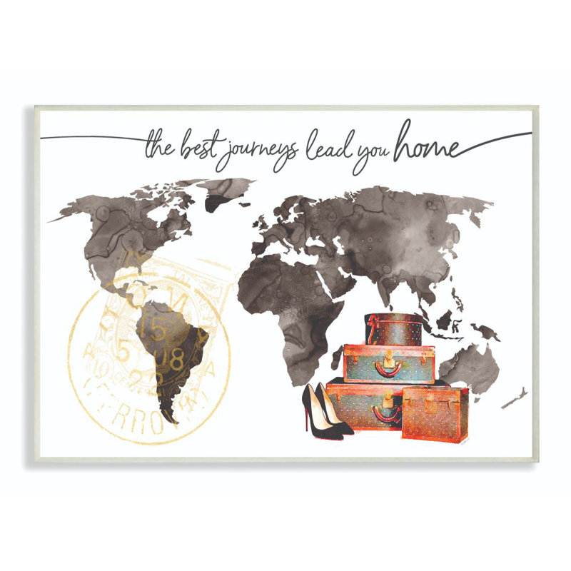 Illustration de chaussures et de bagages par Amanda Greenwood, impression sur carte du monde, H 10 po x l 15 po x P 0,5 po