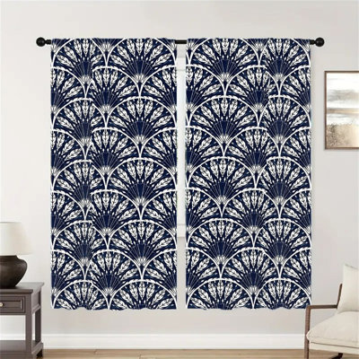 2Pcs Art Decor Navy Blue and White Leaf Pattern Curtains, Elegant Geometric Fan Print Window Drapes for Living Room Bedroom Kitchen, Rod Pocket Darkening Panels, Farmhouse Country Decor