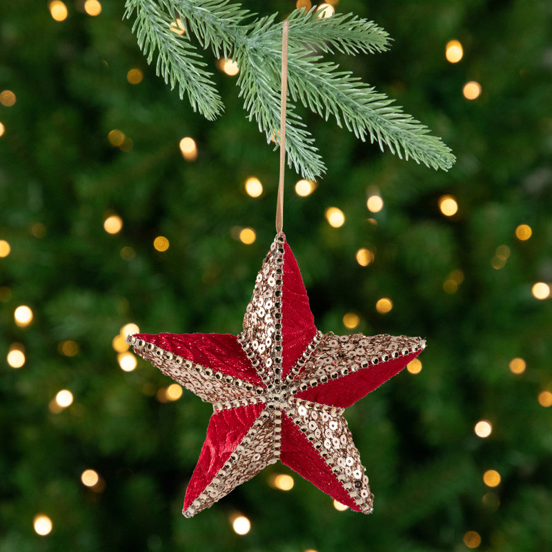 Beaded And Sequined 5-Point Star Christmas Ornament - 6" - Red
