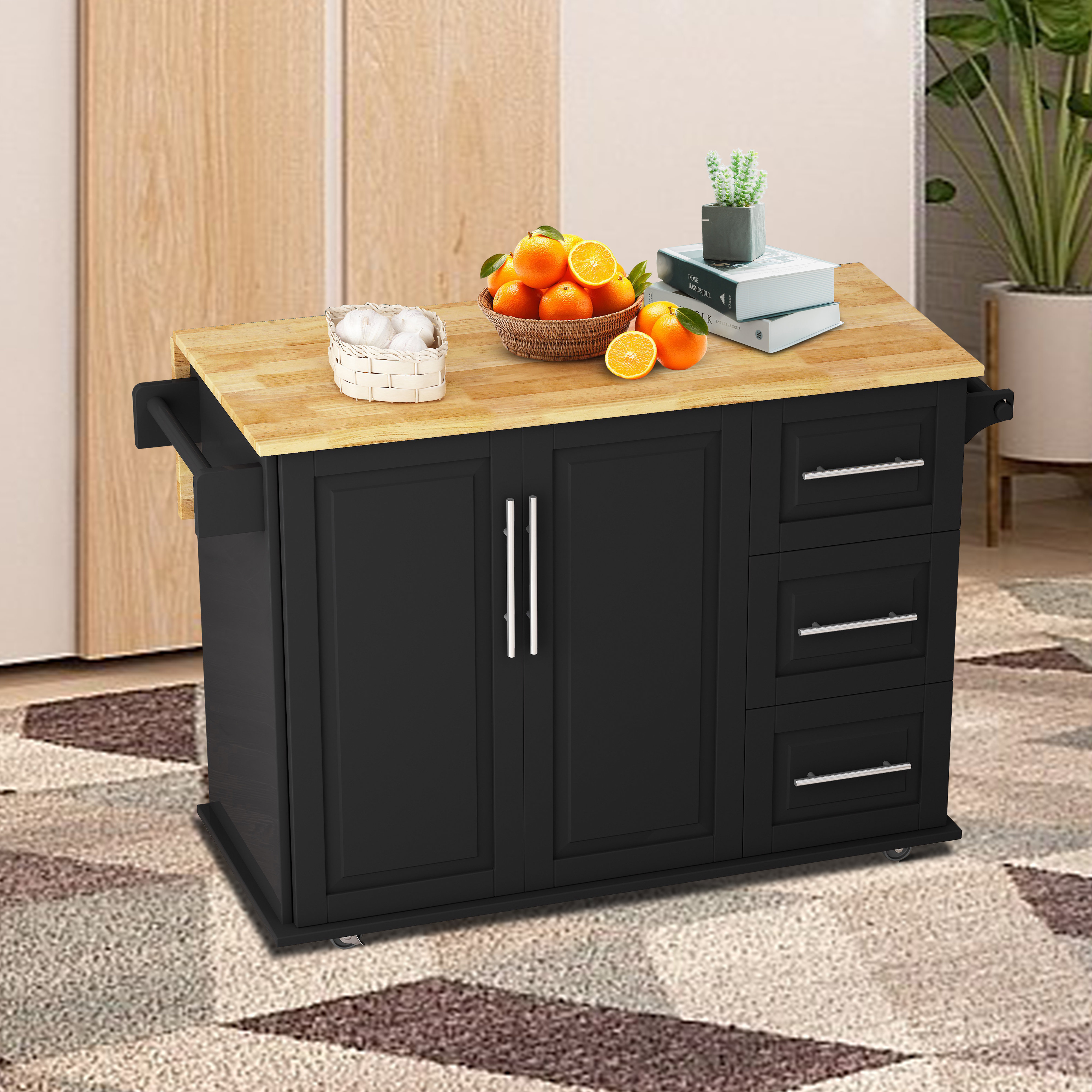 Kitchen Cupboard Table with Drawers and Cabinets, Wood Convertible Storage  Cabinet Table with Spice Rack, Handle, Caster and Extensible Table Top for