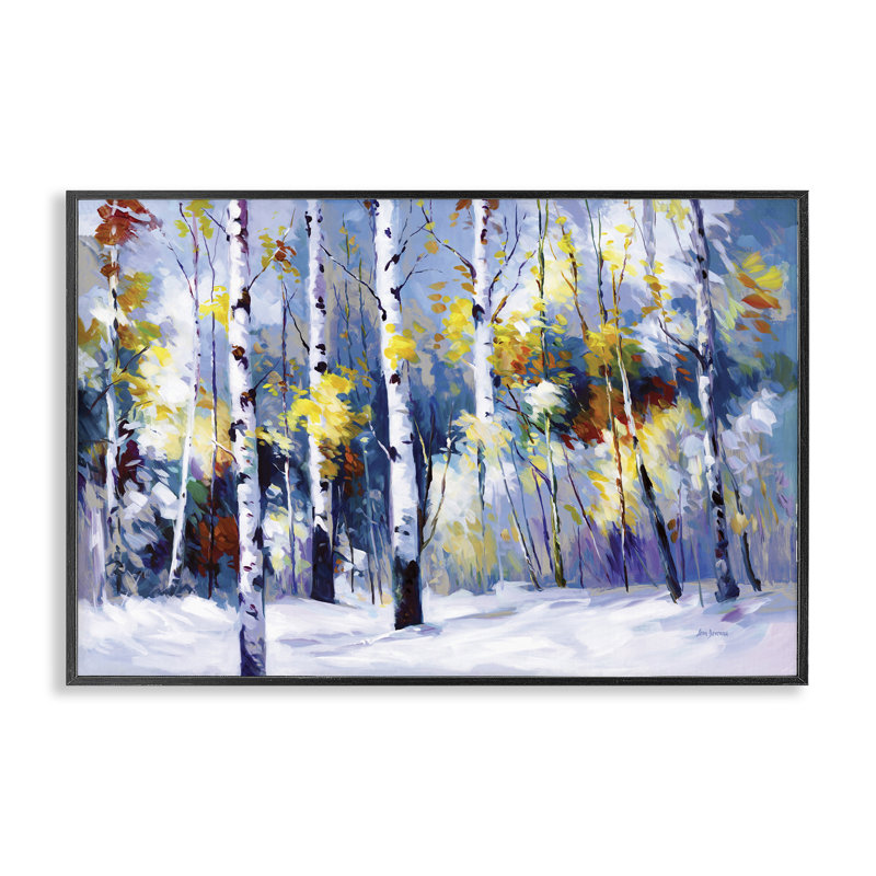 Automne bouleaux enneigés, estampe numérique par Leon Devenice, H 12 po x l 18 po, Giclée encadrée noir minuit