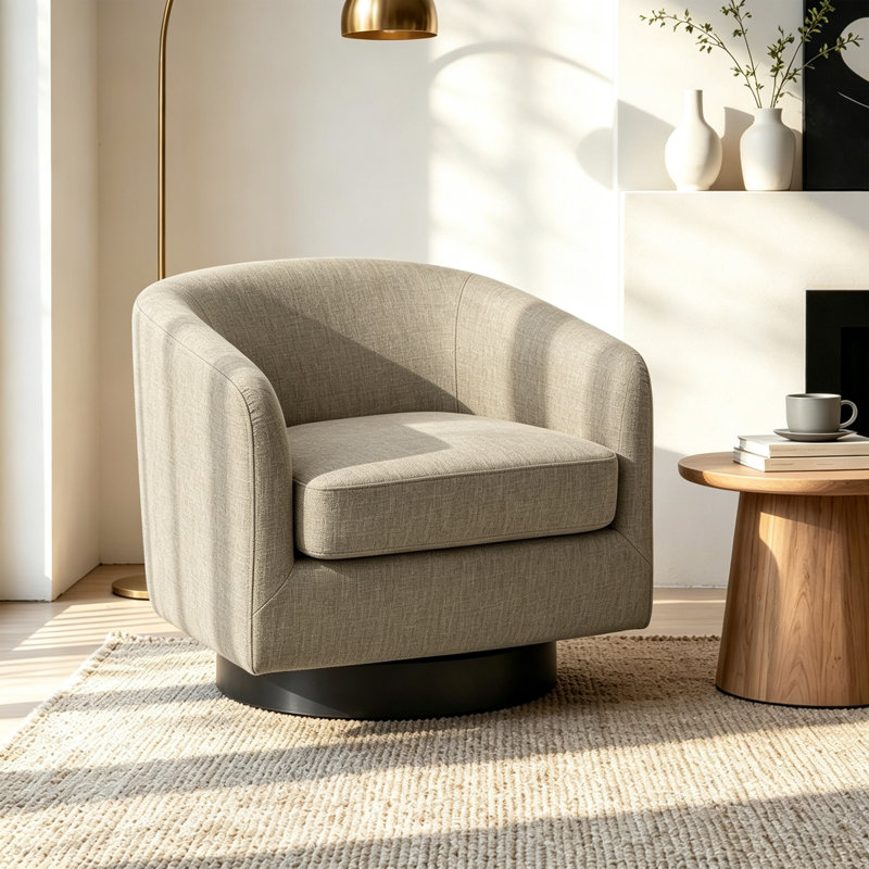 Frankie Swivel Barrel Chair with Solid Wood Frame, Light Brown Fabric