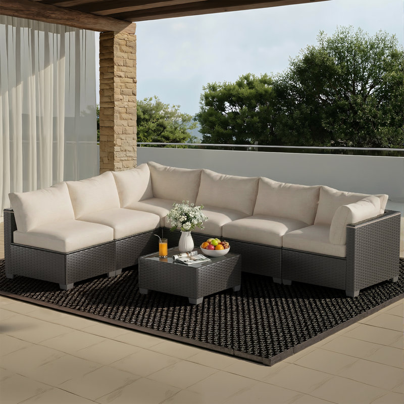 Outdoor 7-Piece Modular Rattan Patio Conversation Set with Cushions, White, Black