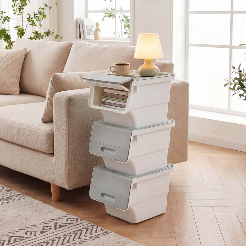 3 bacs de rangement sur roulettes avec couvercle ouvert pour garde-robe de cuisine, Blanc + gris