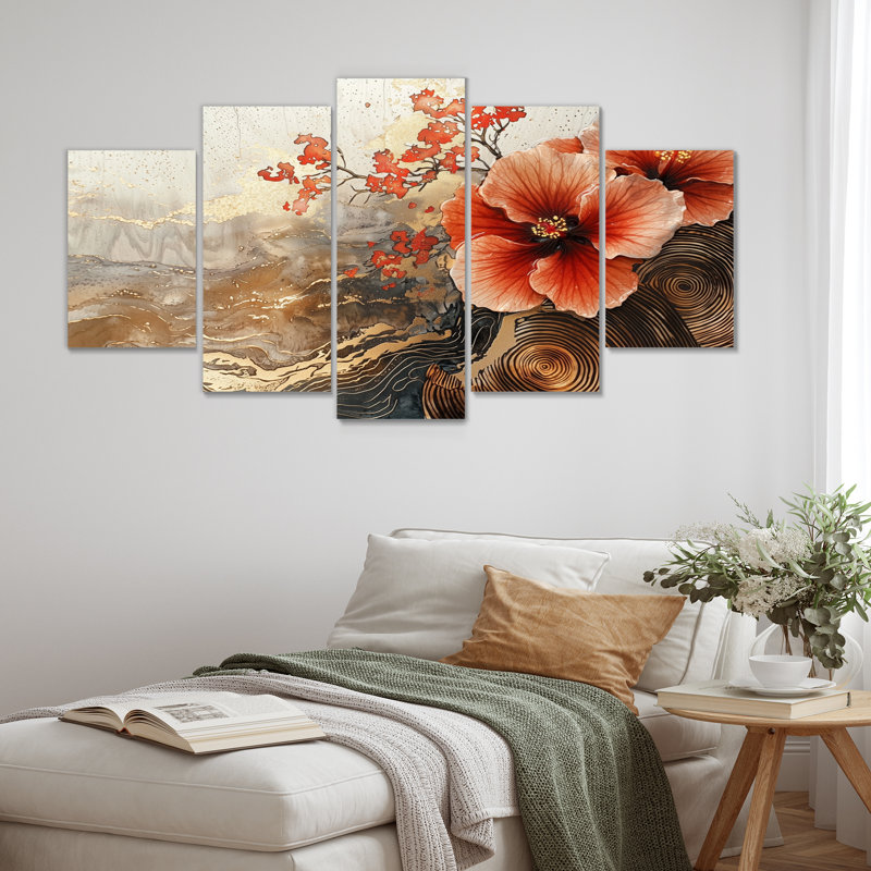 Fleurs d'hibiscus sur un horizon en bois I - Hibiscus Wall Art - Décoration murale traditionnelle, H 32 po x l 60 po, 5