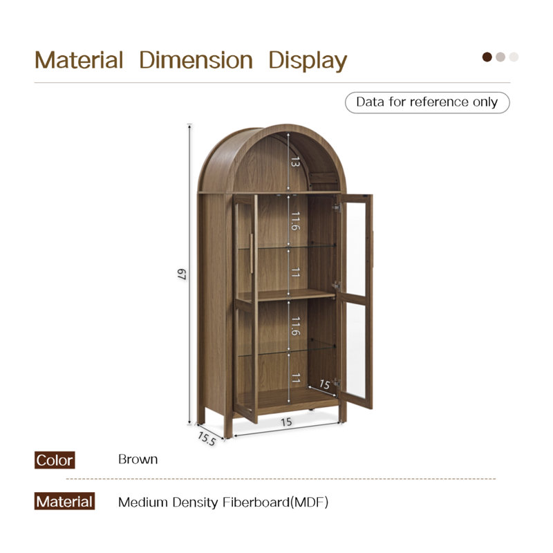 Vitrine 67 po à grain de bois vertical - Portes en verre trempé et tablettes réglables