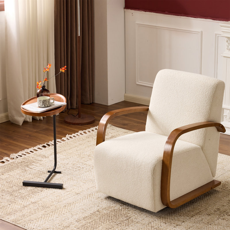 Fauteuil d'appoint pivotant à 360 ° crème - Accoudoirs courbés en bois massif