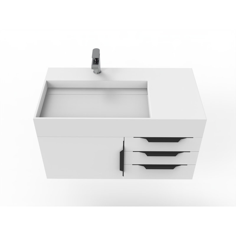 Ensemble de meuble-lavabo mural simple 36 po Bassi, Blanc, Blanc, Noir