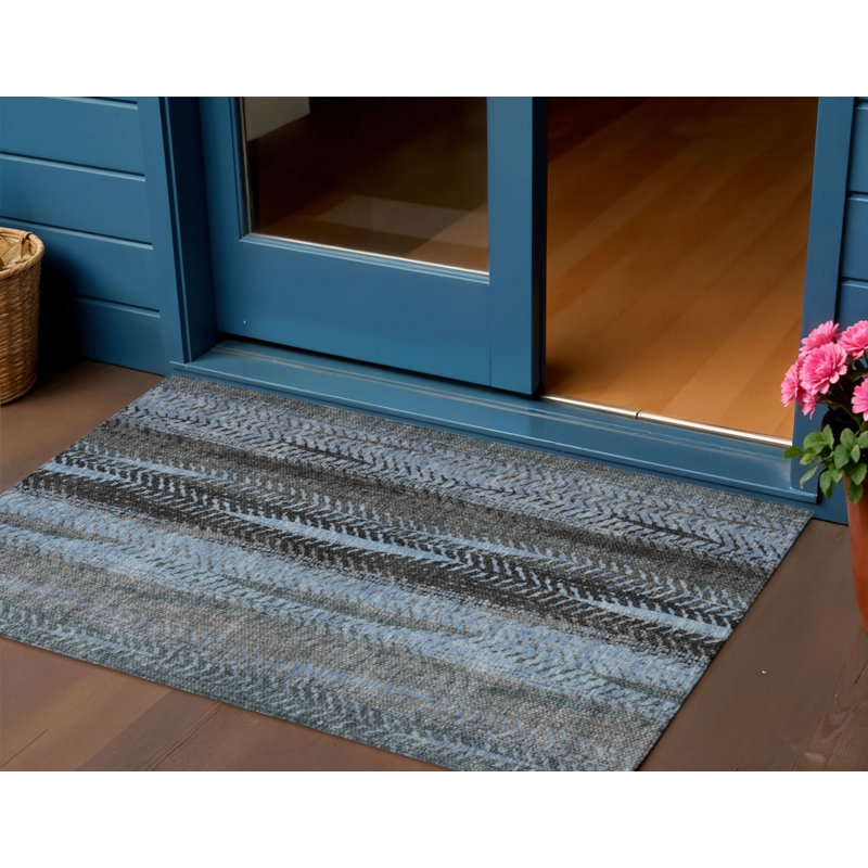 3' X 5' Blue Gray And Charcoal Botanical Leaves Washable Indoor Outdoor Area Rug