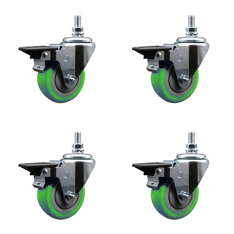 Ensemble de roulettes à tige filetée de 3,5 pouces en polyuréthane 10 mm avec frein, Vert