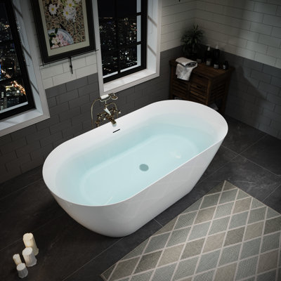 55" Oval Acrylic Bathtub With Center Pop - Up Drain, Sloped Lumbar Support, Double Insulation, And High Gloss Finish Freestanding For Home Upgrade, Integrated Overflow,