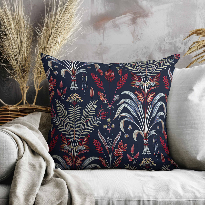 Coussin en suède Indian Dabu Flora, Bleu/rouge, Carré 18 po