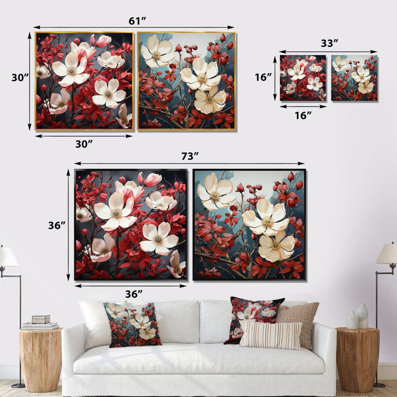 Trèfle blanc et rouge cornouiller I - ensemble d'art mural en toile de cornouiller, Toile tendue, H 16 po x l 33 po x P 1 po