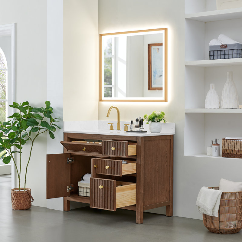 Meuble-lavabo simple 42 po avec miroir Lala, Chêne brossé brun