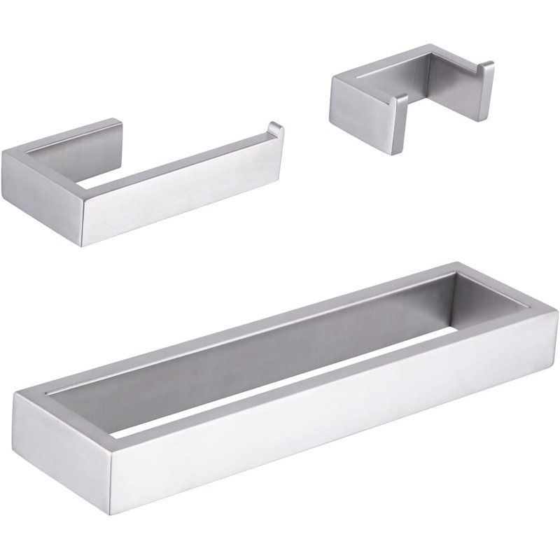 Bathroom Accessory 3-piece Set Sus 304 Stainless Steel Toilet Paper Holder Towel Ring Towel Hooks Wall Mount, Silver